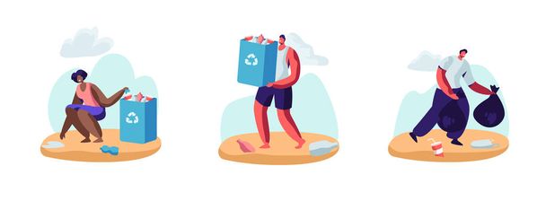Σετ ανθρώπων που μαζεύουν σκουπίδια σε τσάντες στην παραλία. Ρύπανση της θάλασσας με διαφορετικά είδη σκουπιδιών. Εθελοντές καθαρίζουν τα απόβλητα στην ακτή του ωκεανού. Οικολογία Προστασία Γεω επίπεδη διανυσματική απεικόνιση - Διάνυσμα, εικόνα