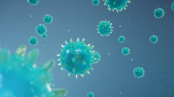 中国のインフルエンザの発生-コロナウイルスまたは2019-nCoVと呼ばれ、世界中に広がっています。パンデミックの危険性人類の伝染病。顕微鏡下でのクローズアップウイルス。3Dイラスト - 写真・画像
