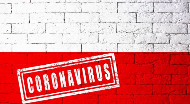 Orijinal oranlarda Almanya 'nın Thüringen bölgelerinin bayrağı. Coronavirus damgalı. Tuğla duvar dokusu. Corona virüsü konsepti. COVID-19 ya da 2019-NCoV salgınının eşiğinde.. - Fotoğraf, Görsel