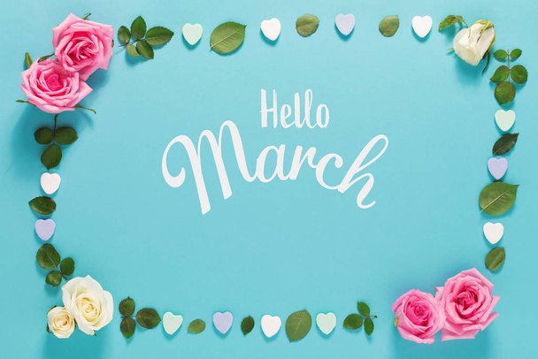 Hello March message with roses and leaves - Zdjęcie, obraz