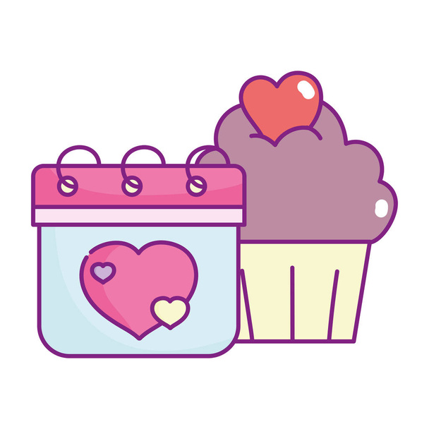 happy valentines day, calendar and sweet cupcake hearts cloud - Vektor, obrázek