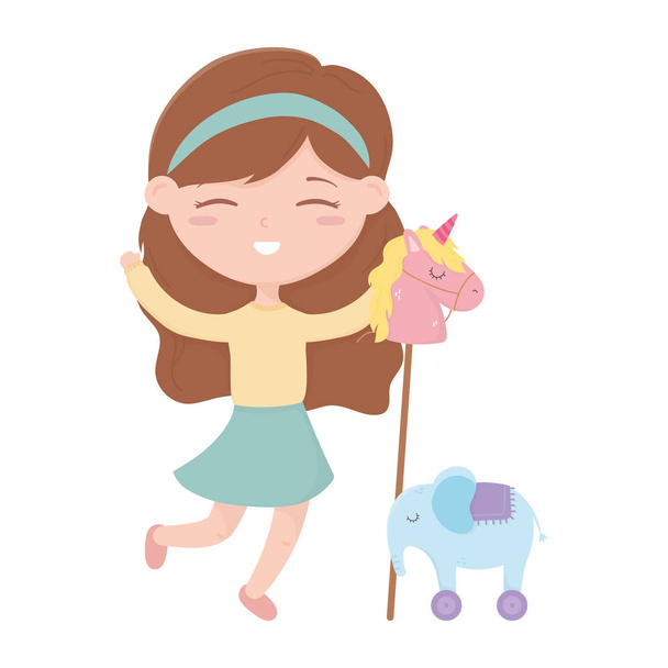 kids zone, cute little girl with horse and elephant toys - Vector, Image