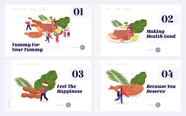 Oriental Indonesian Cuisine, Traditional Meals and Dishes Website Landing Page Set. Asian Malaysian Food Menu Penyetan Fish, Chicken Satay, Nasi Goreng Web Page Banner Cartoon Flat Vector Illustration - Vector, Image