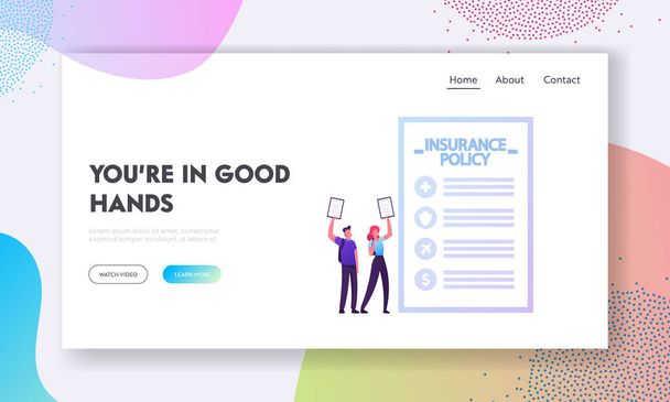 Compensation for Accident and Danger Life Situation Website Landing Page. Happy Characters Hold Signed Insurance Policy Contract. Emergency Help Web Page Banner. Cartoon Flat Vector Illustration - Vektor, obrázek
