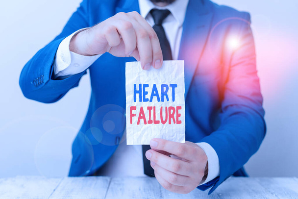 Word writing text Heart Failure. Business concept for the severe failure of the heart to function properly Man holds empty paper with copy space in front of him Copy Space. - Photo, Image