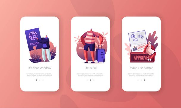 Visa Approval and Traveling Mobile App Page Onboard Screen Set. Tourists with Luggage and Passport Leaving Country for Trip Abroad Concept for Website or Web Page, Cartoon Flat Vector Illustration - Vektor, obrázek
