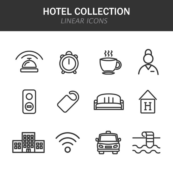 Lineare Symbole der Hotelkollektion in Schwarz auf weißem Hintergrund - Vektor, Bild