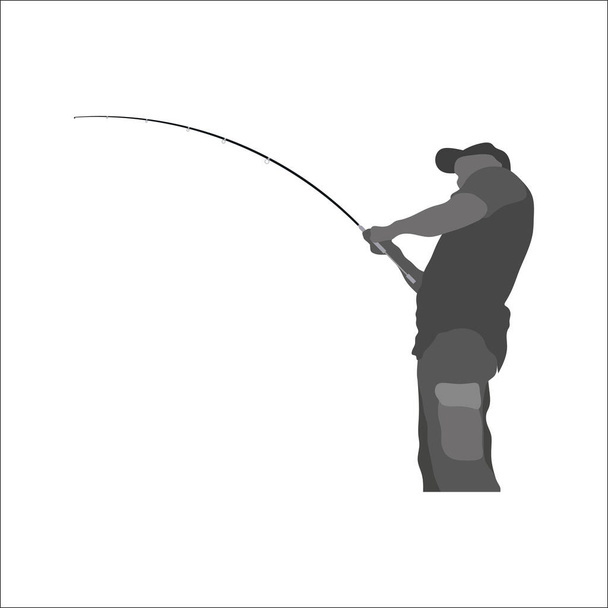 Visserij met hengel in zijn handen, silhouet van de visser, vissen - Vector, afbeelding