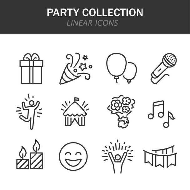 Parti gyűjtemény lineáris ikonok fekete, fehér alapon - Vektor, kép