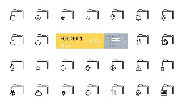 Vector set of folder icons. 25 images with editable strokes - reminder, music, alarm clock, star, plus, minus, wifi, lens, warning, camera, character, calendar. - Vector, Image