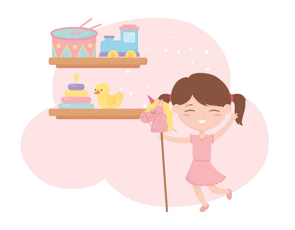 kids zone, cute little girl horse stick and shelf with toys - Vector, afbeelding