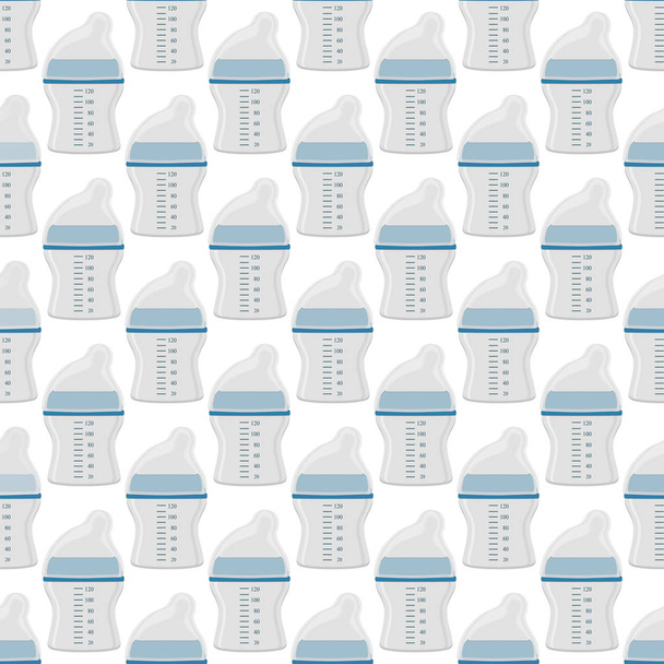 Ilustración sobre el tema kit de color leche de bebé en botella transparente con chupete de goma. Bebé biberón de leche que consiste en la recogida al recién nacido, buen chupete. chupete en biberón de leche que el equipo de cuidado del bebé. - Vector, imagen