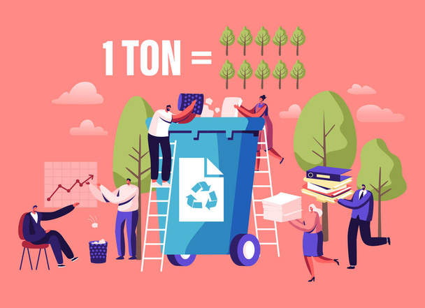 Less Paper Using, Stop Deforestation and Trees Cutting Concept. Tiny Male and Female Characters Throw Paper Waste to Recycle Litter Bin for Reusing, Eco Conservation Cartoon Flat Vector Illustration - Vektor, obrázek