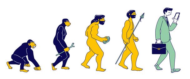 A majom emberi evolúciója modern üzletemberré okostelefonnal elszigetelve. Férfi karakter fejlődési lépések majomtól egyenes homo Sapiens, Darwin elmélet. Rajzfilm lapos vektor illusztráció, Line Art - Vektor, kép