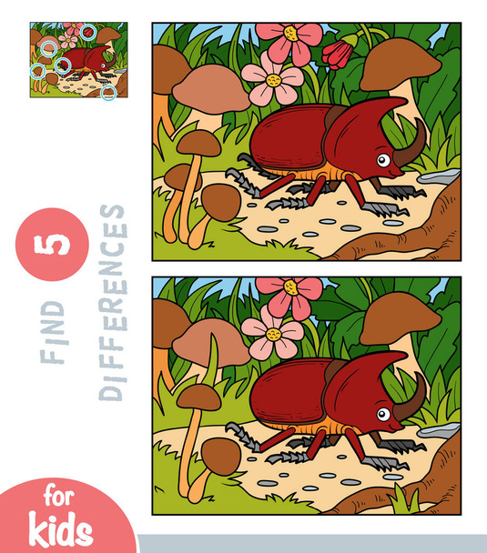 Find differences, educational game for children, Rhinoceros beetle on a meadow with mushrooms - Vector, Image