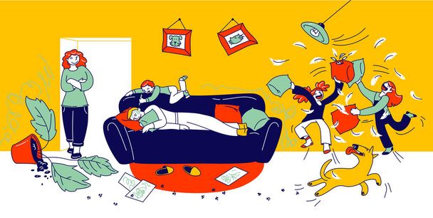 Naughty Hyperactive Children Fighting, Little Boy and Girls Playing and Making Mess, around Sleeping Father. Kids Fooling and Fight Pillows, Bad Behaviour, Cartoon Flat Vector Illustration, Line Art - Vektor, obrázek