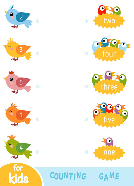 Jogo de contagem para crianças pré-escolares. Educativo um jogo matemático. Aves e ninhos
 - Vetor, Imagem