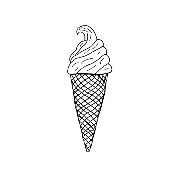 Рука намальована Векторна ілюстрація. Простий силует морозива у вафельному конусі. Стиль, форма, ескіз зображення Doodle. Чорні лінії на білому тлі. Милий малюнок для декору, меню кафе
. - Вектор, зображення
