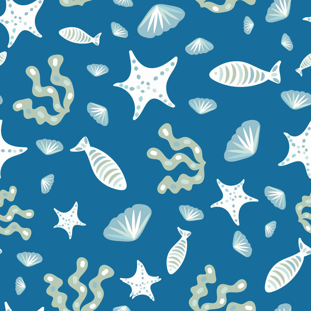 fish seaweed and shells seamless vector pattern - Διάνυσμα, εικόνα