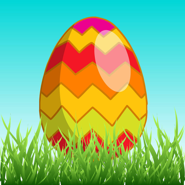 Easter greeting card. Colorful chevron pattern egg in the green grass vector holiday illustration. - Vector, imagen