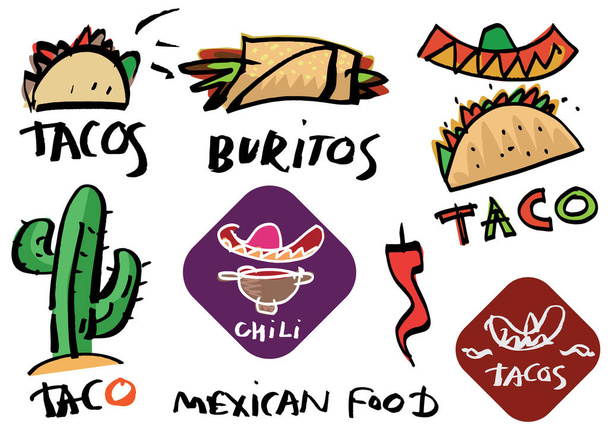 Σετ γκράφιτι όπως χειροποίητο λογότυπο καλλιγραφίας και αυτοκόλλητα για μεξικάνικο φαγητό και κουζίνα. Σκίτσα και δωρεάν γραμμή. Πρότυπα για το μενού, τα εμπορεύματα, καφέ και διακοσμήσεις εστιατορίων. - Διάνυσμα, εικόνα
