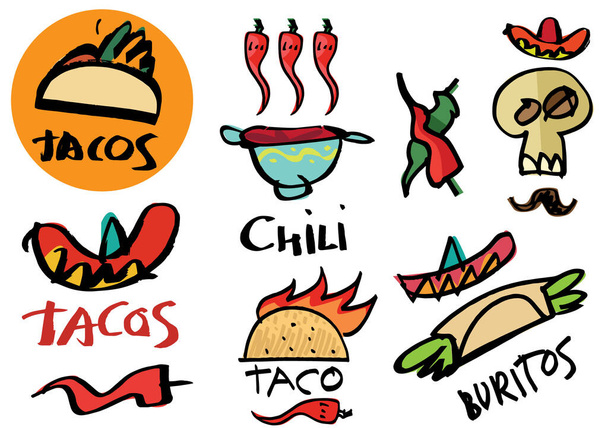 Set di graffiti come logo calligrafia fatta a mano e adesivi per l'alimentazione e la cucina messicana. Schizzi e linea libera. Modelli per menu, merchandising, caffè e decorazioni di ristoranti
. - Vettoriali, immagini