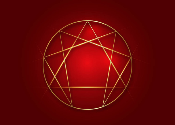 Enneagramのアイコン、神聖な幾何学、濃い赤の背景に隔離された黄金のベクトルイラスト  - ベクター画像
