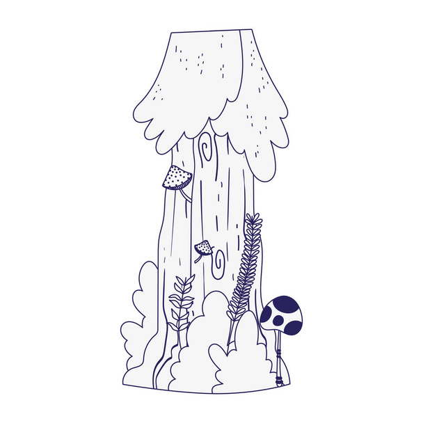 tree bush mushroom leaves foliage vegetation nature icon line style - Vector, Image