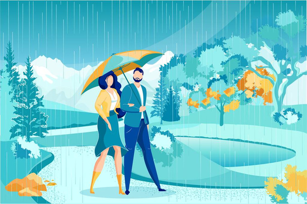Romantic Walk in Park in Warm Rainy Day, Cartoon. - Vector, afbeelding