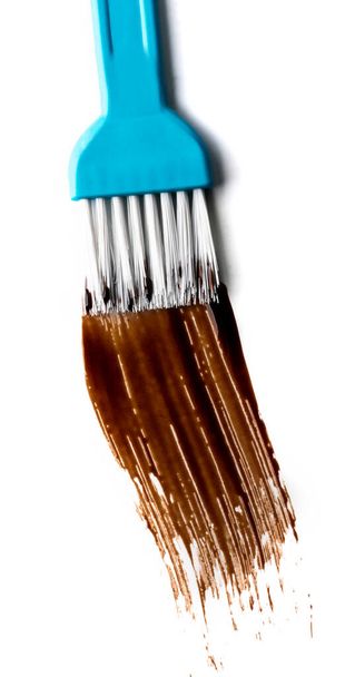 Brush and stroke of chocolate syrup on white background - 写真・画像