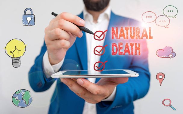 Writing note showing Natural Death. Business photo showcasing occurring in the course of nature and from natural causes. - Foto, afbeelding