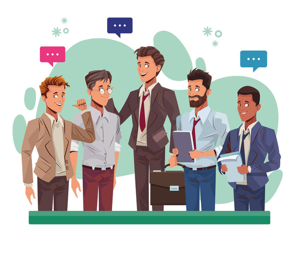 молодые бизнесмены говорят рабочие персонажи
 - Вектор,изображение