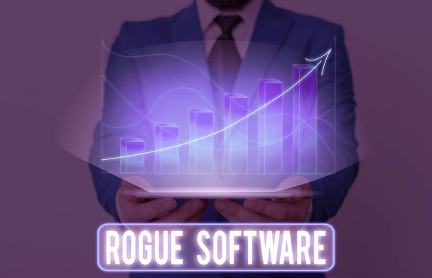 Slovo psaní textu Rogue Software. Obchodní koncept pro typ malware, který se vydává za antimalwarový software. - Fotografie, Obrázek