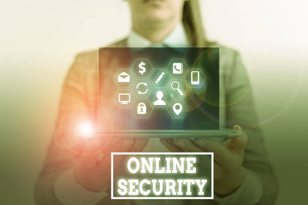 オンラインセキュリティを示す概念的な手書き。オンラインで行われる取引のセキュリティを確保する行為を紹介するビジネス写真. - 写真・画像