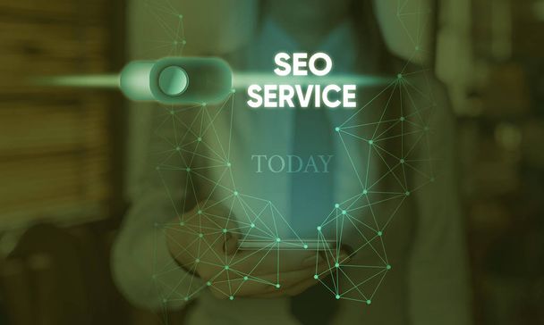 Handschrift tekst Seo Service. Concept betekent suite van technieken en procedures om website zichtbaarheid te verhogen. - Foto, afbeelding