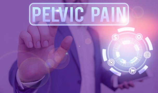 Conceptual hand writing showing Pelvic Pain. Business photo text Pain perceived in the area of the lower part of the abdomen. - Zdjęcie, obraz