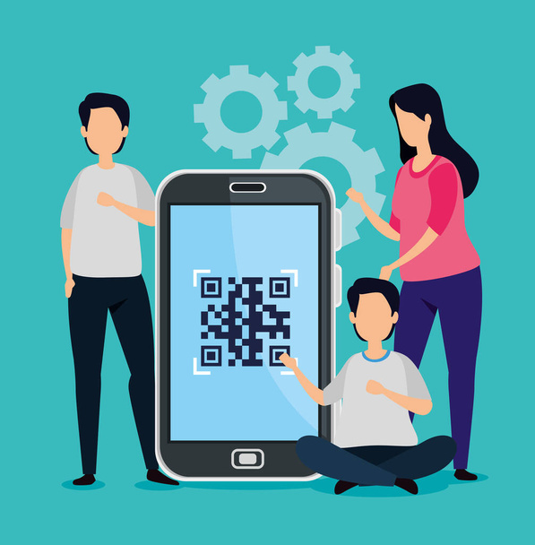 escanear código qr con smartphone y gente de negocios
 - Vector, Imagen