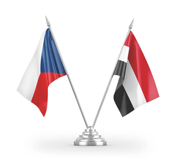 Yemen ve Çek Cumhuriyeti bayrakları beyaz arka planda izole edilmiş 3D görüntüleme - Fotoğraf, Görsel