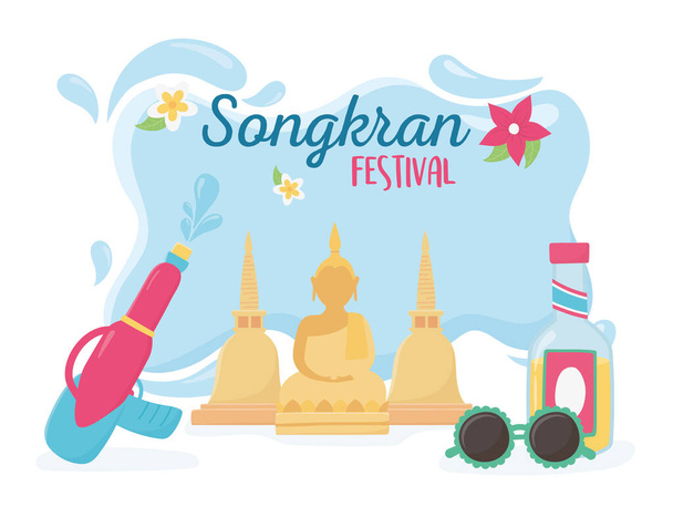 Songkran Festival Buddha Wasserpistole Flasche Sonnenbrille Feier - Vektor, Bild