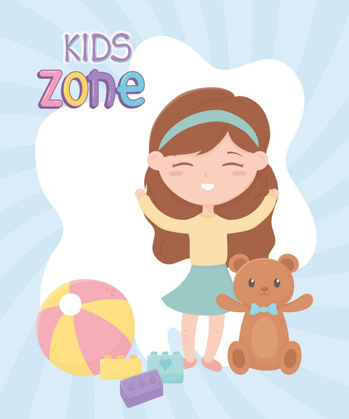 kids zone, cute little girl blocks ball and teddy bear toys - Vector, Image