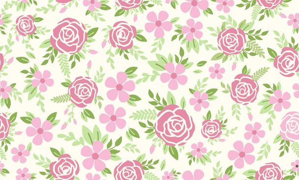 Cute rose flower pattern background for spring, with leaf and flower drawing. Collection - Wektor, obraz