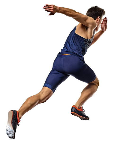 junger Mann Leichtathletik Läufer läuft Sprinter Sprint isoliert weißen Hintergrund - Foto, Bild