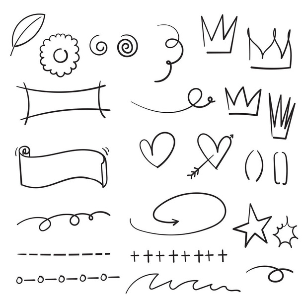 collection of Vintage decorative doodles. Hand drawn ribbon, outline arrows and doodle holidays cards decorations. Flower, heart, star and curved lines black ink ornate. Isolated vector symbols vector - Vector, Image