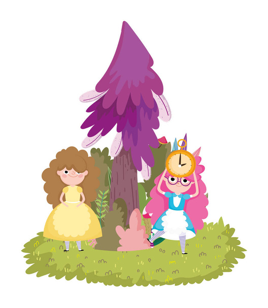 Mädchen Uhr Kiefer Baum Gras im Wunderland Cartoon - Vektor, Bild