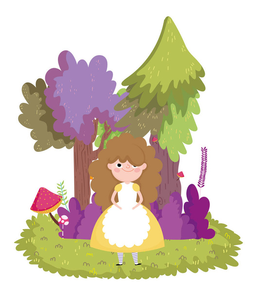 dívka houby tráva stromy listí v říši divů - Vektor, obrázek