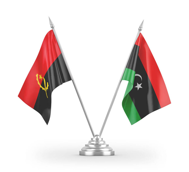 Banderas de mesa Libia y Angola aisladas sobre fondo blanco
 - Foto, imagen