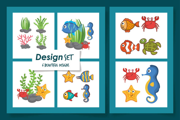 zes ontwerpen van schattige zee leven pictogrammen - Vector, afbeelding