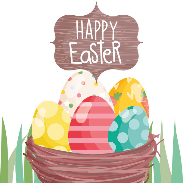 happy easter whisker basket with eggs on grass - Vector, Image