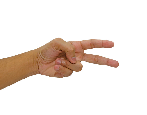 Deux doigts un geste de main d'homme isolé sur fond blanc
 - Photo, image