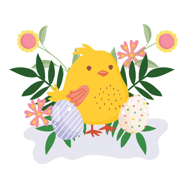 χαρούμενο Πάσχα χαριτωμένο κοτόπουλο διακοσμητικά αυγά λουλούδια αφήνει τη φύση - Διάνυσμα, εικόνα